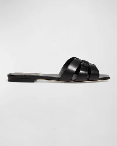 Saint Laurent Woven Leather Sandal Slide In Black