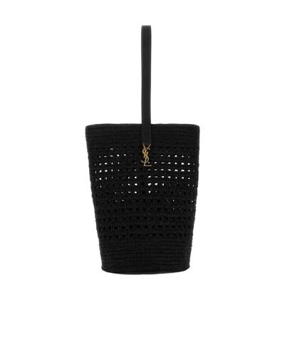 Saint Laurent Woven Raffia Bucket Bag In Black
