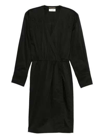 Pre-owned Saint Laurent Wrap-design Midi Dress In Black