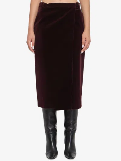Saint Laurent Wrap Skirt In Velvet In Burgundy