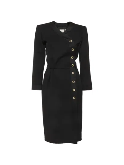 Pre-owned Saint Laurent Wrap-detail Midi Dress In Black