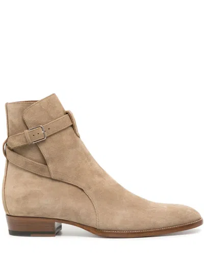 Saint Laurent Almond Toe Suede Ankle Boots With Buckle In Beige