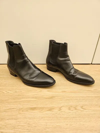 Pre-owned Saint Laurent Wyatt 30 Leather Chelsea Boots In Black