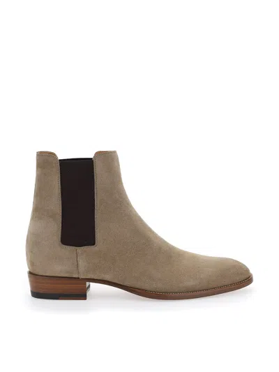Saint Laurent Wyatt 30 Light Brown Suede Ankle Boot In Beige