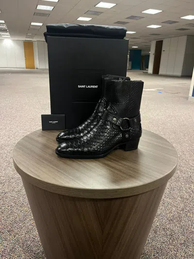 Pre-owned Saint Laurent Wyatt 40 Harness Python Boots In Black