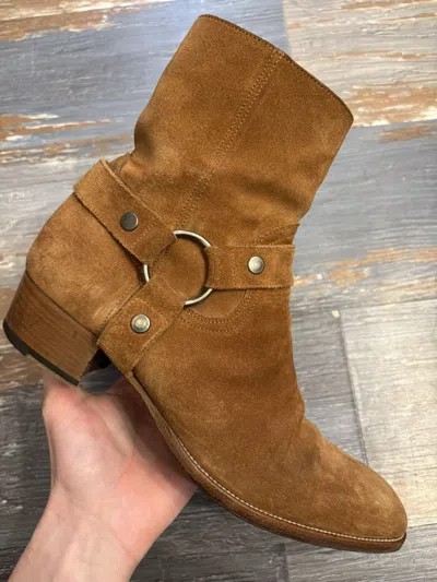 Pre-owned Saint Laurent Wyatt Harness Boot Chestnut Suede Size 10 In Brown