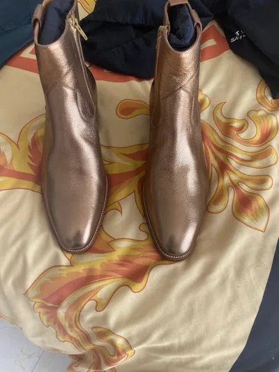 Pre-owned Saint Laurent Wyatt Metallic Gold Star Boots In Golden