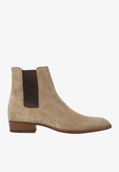Saint Laurent Wyatt Suede Ankle Boots In Brown