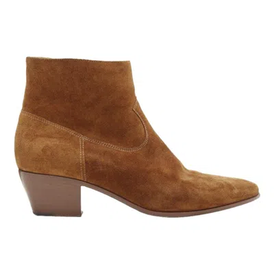 Pre-owned Saint Laurent Wyatt Tan Brown Suede Almond Toe Cuban Bootie Eu38