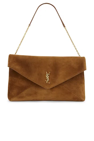 Saint Laurent Extra Large Cassandre Suede Pouch On A Chain In Brown