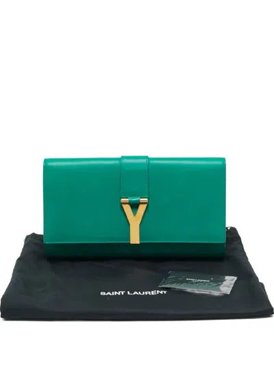 Pre-owned Saint Laurent Y-ligne Leather Clutch Bag In Green