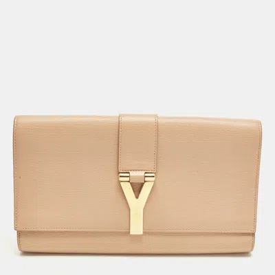 Pre-owned Saint Laurent Y Line Beige Leather Clutch In Sand