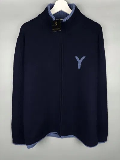 Pre-owned Saint Laurent Y Logo Knit Wool Zip Up Sweater Jacket In Blue