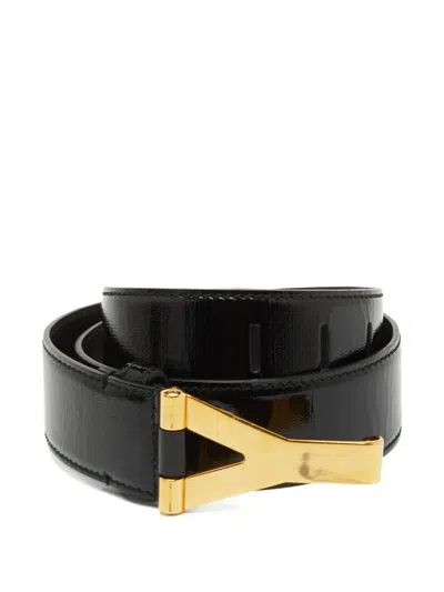 Pre-owned Saint Laurent Y Motif Patent Leather Belt In Black