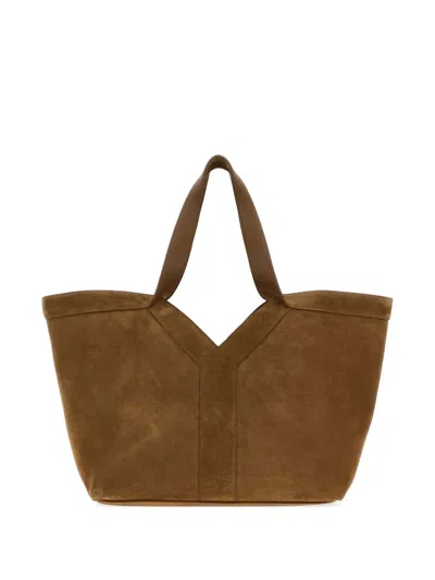 Saint Laurent Suede Orange Caramel Small Y Tote Bag In Brown