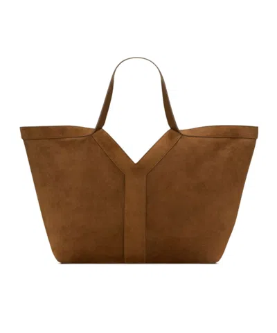 Saint Laurent Y Tote In Suede In Dark Caramel Cognac