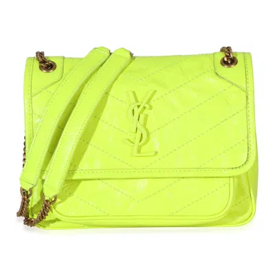 Pre-owned Saint Laurent Yellow Crinkled Calfskin Matelasse Baby Niki Chain Satchel