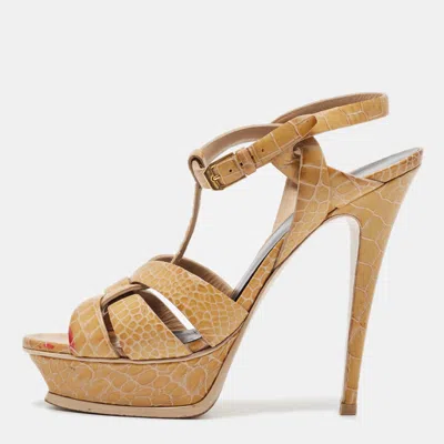 Pre-owned Saint Laurent Yellow Croc Embossed Leather Tribute Platform Sandals Size 39