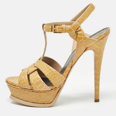 Pre-owned Saint Laurent Yellow Embossed Crocodile Tribute Sandals Size 36.5
