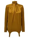 Saint Laurent Draped High Neck Satin Blouse In Gold