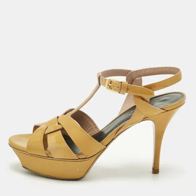 Pre-owned Saint Laurent Yellow Patent Leather Tribute Ankle Strap Sandals Size 38
