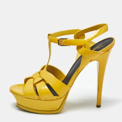 Pre-owned Saint Laurent Yellow Patent Leather Tribute Ankle Strap Sandals Size 38.5