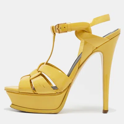 Pre-owned Saint Laurent Yellow Patent Leather Tribute Platform Sandals Size 35