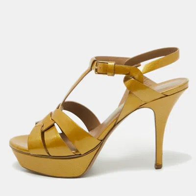 Pre-owned Saint Laurent Yellow Patent Leather Tribute Sandals Size 38