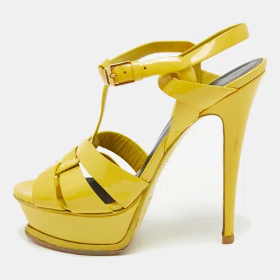 Pre-owned Saint Laurent Yellow Patent Tribute Ankle Strap Sandals Size 37