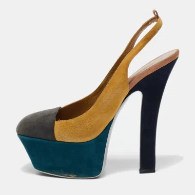Pre-owned Saint Laurent Yellow/grey Suede Platform Slingback Pumps Size 37.5
