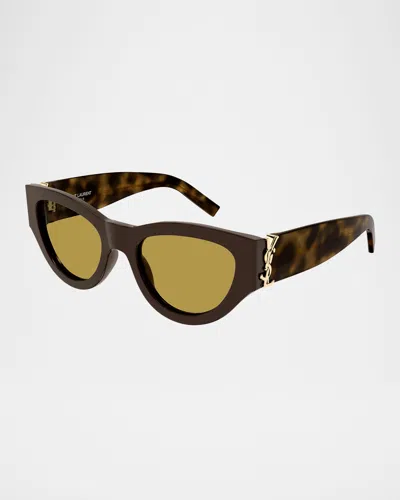 Saint Laurent Ysl Acetate Cat-eye Sunglasses In Shiny Solid Dark Brown