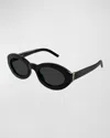 Saint Laurent Oval Frame Sunglasses Metal Hinges In Shiny Solid Black