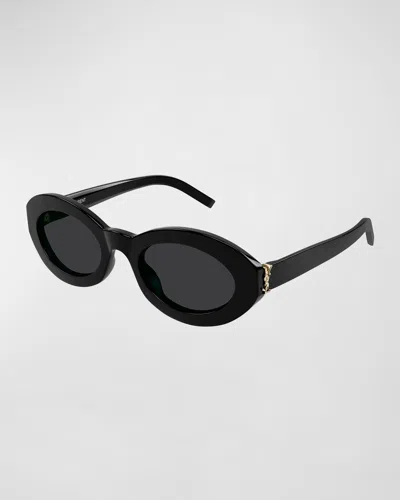 Saint Laurent Ysl Acetate Oval Sunglasses In Shiny Solid Black