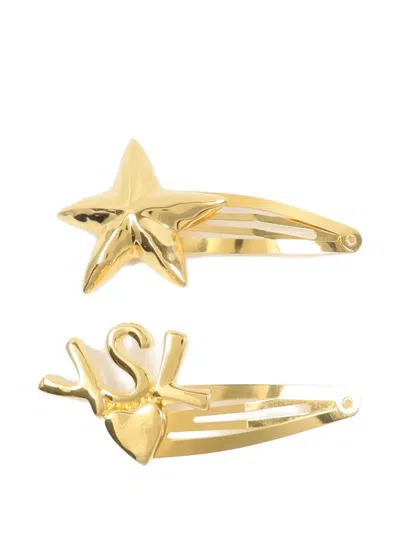 Pre-owned Saint Laurent Ysl And Star Hair Clips In Gold