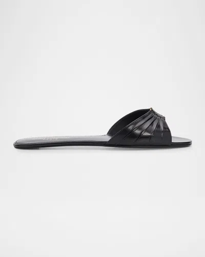 Saint Laurent Ysl Babylone Leather Flat Slide Sandals In Black