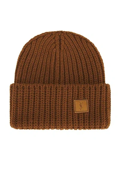 Saint Laurent Ysl Beanie In Brown