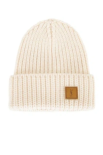 Saint Laurent Logo-patch Ribbed-knit Beanie Hat In Neutral