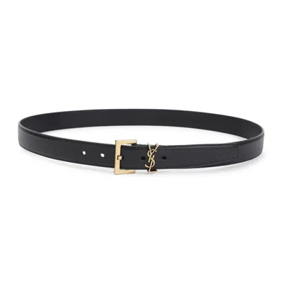 Saint Laurent Adjustable Belt Textured Gold-tone Buckle In Black