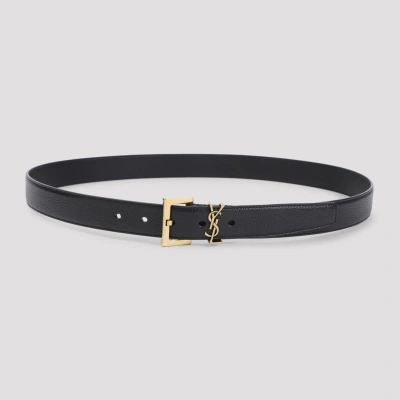 Saint Laurent Adjustable Belt Textured Gold-tone Buckle In Black