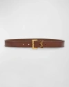 Saint Laurent Ysl Brass & Leather Belt In Dark Brown Choco