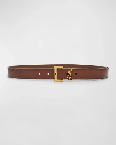 Saint Laurent Ysl Brass & Leather Belt In Dark Brown Choco
