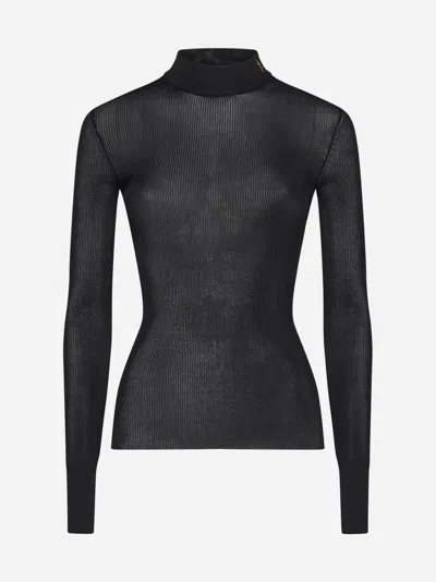 Saint Laurent Ysl Brooch Silk Top In Black