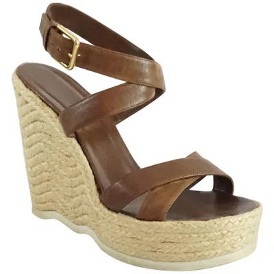 Pre-owned Saint Laurent Ysl Brown Leather Ankle Strap Straw Wedges - 41