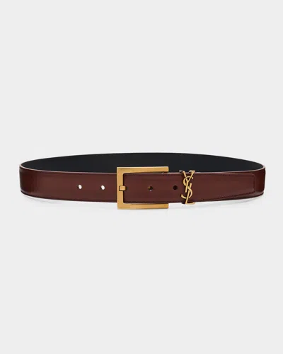 Saint Laurent Ysl Calfskin Leather Belt In Burgundy