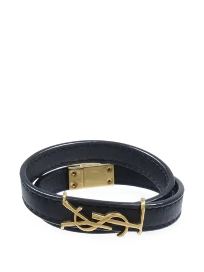 Pre-owned Saint Laurent Ysl Calfskin Leather Bracelet In Gold