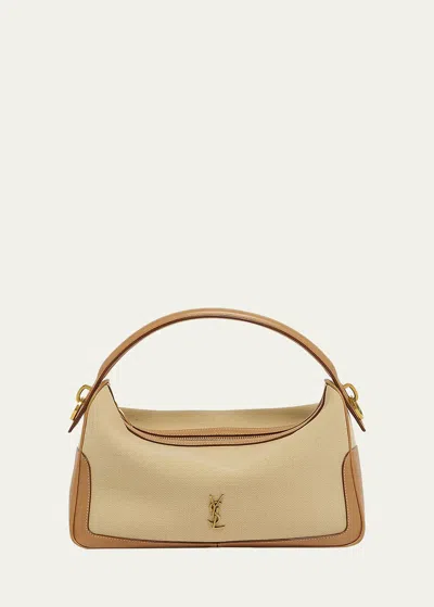 Saint Laurent Ysl Camera Top-handle Bag In Canvas And Leather In Avorio & Vintage Brown Gold