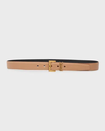 Saint Laurent Ysl Cassandre Leather Belt In Vintage Brown Gold
