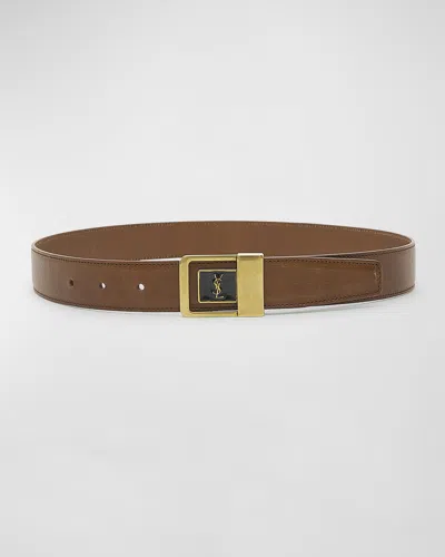 Saint Laurent Ysl Center Buckle Leather Belt In Brown