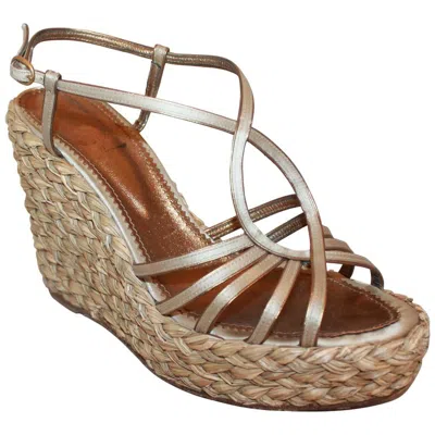 Pre-owned Saint Laurent Ysl Champagne Colored Satin Strappy Thick Straw Wedges - 41 In Brown