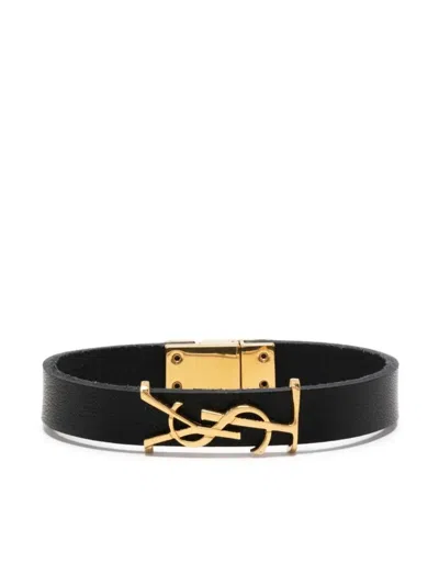 Saint Laurent Ysl-charm Leather Bracelet In Black
